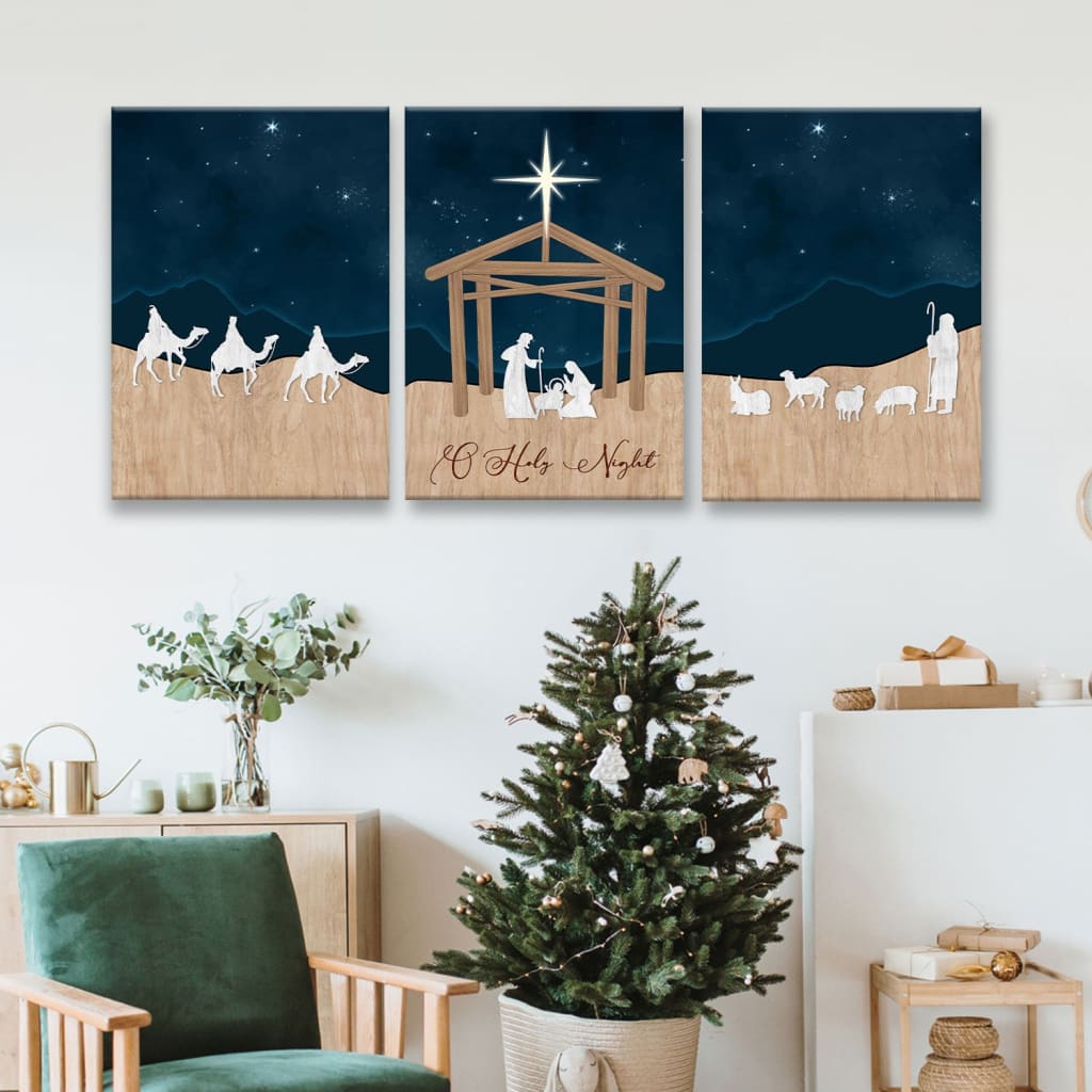 Inspirational Christmas canvas featuring "O Holy Night" and the Nativity of Jesus, an ideal faith-filled holiday gift.