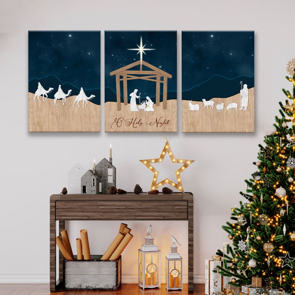 Faith-based wall decor with a 3-panel "O Holy Night" design, showcasing the Nativity of Jesus for Christian homes.