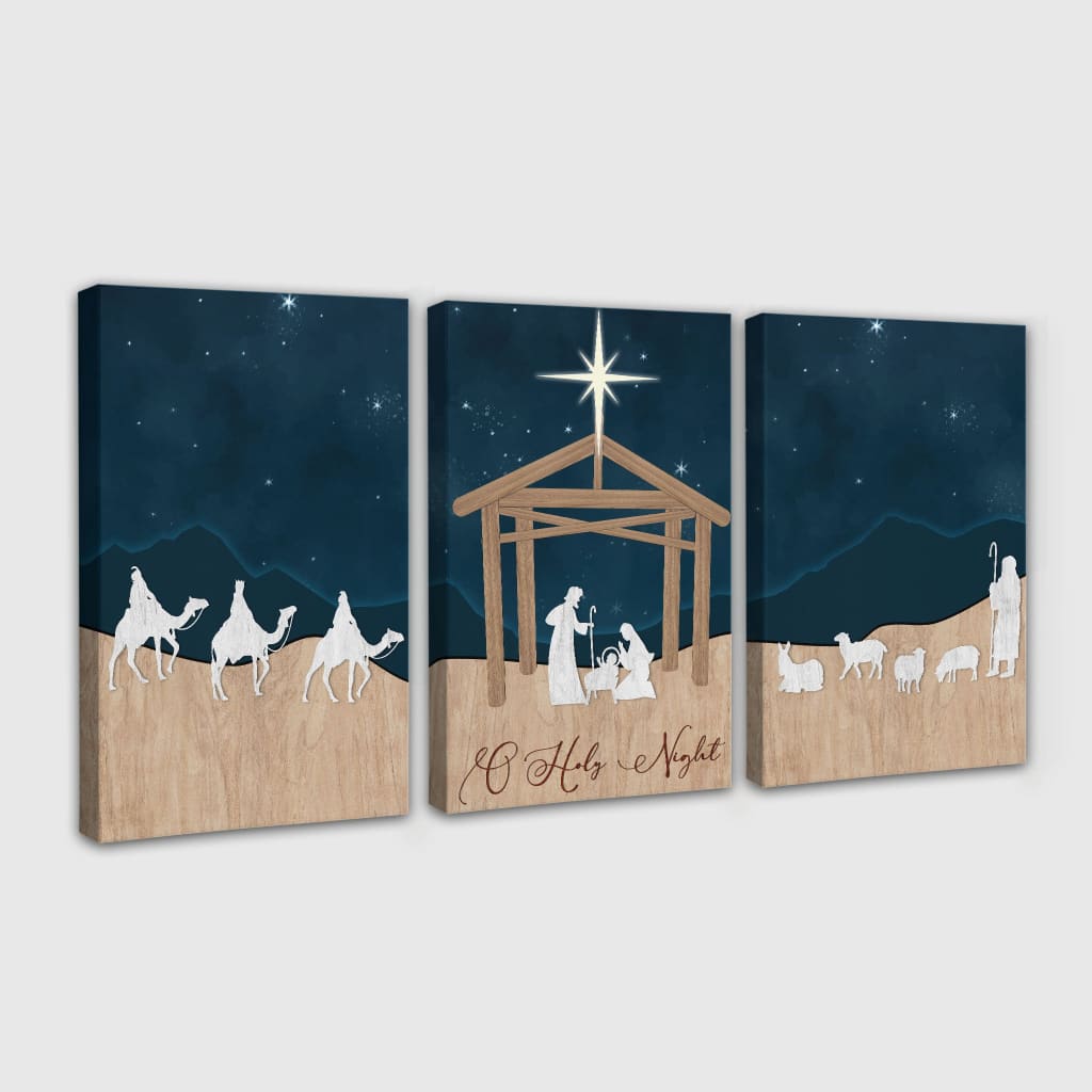 Christmas-themed Christian wall art with "O Holy Night," a stunning 3-panel nativity display, perfect for holiday decor.