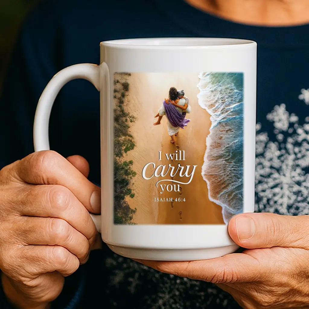 White Christian mug with Jesus carrying elderly woman, Isaiah 46:4 scripture, faith-based comfort gift.