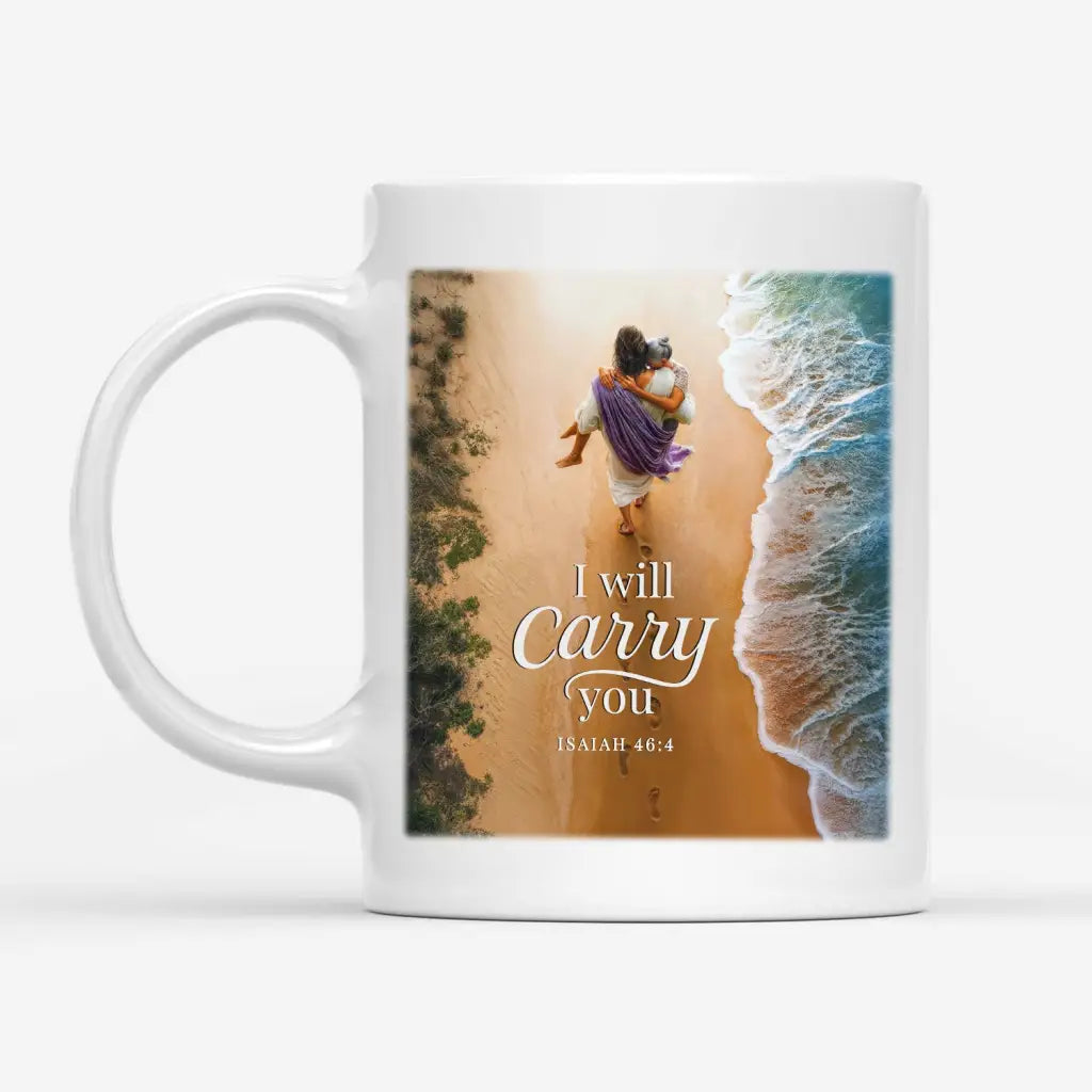 I Will Carry You mug, Jesus and senior woman, white Christian coffee mug with Bible verse of faith.