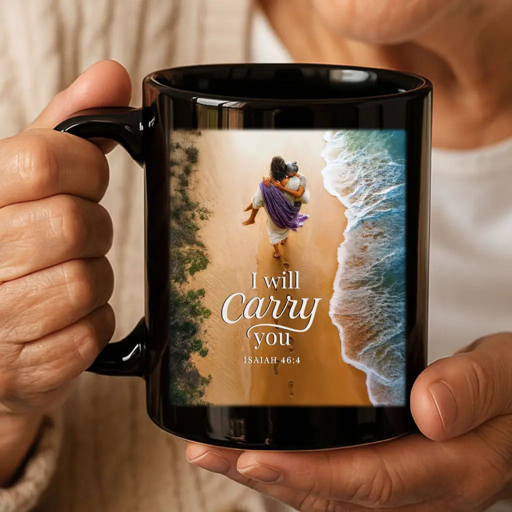 Black Christian mug with Jesus carrying elderly woman, Isaiah 46:4 scripture, faith-based gift of comfort.