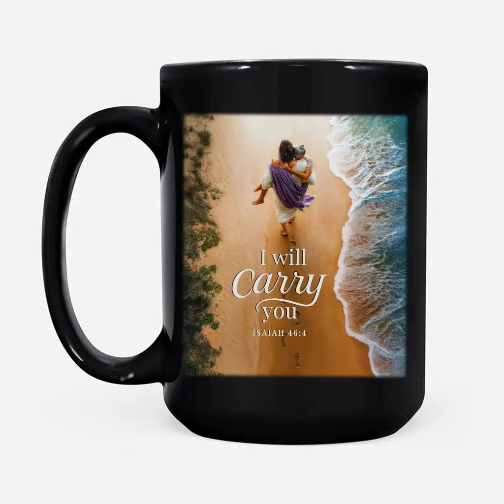 Christian black mug with Jesus and elderly woman, inspirational gift with Bible verse and faith.