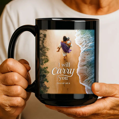 I Will Carry You black mug, Christian gift with Jesus and older woman, Bible verse about God's care.