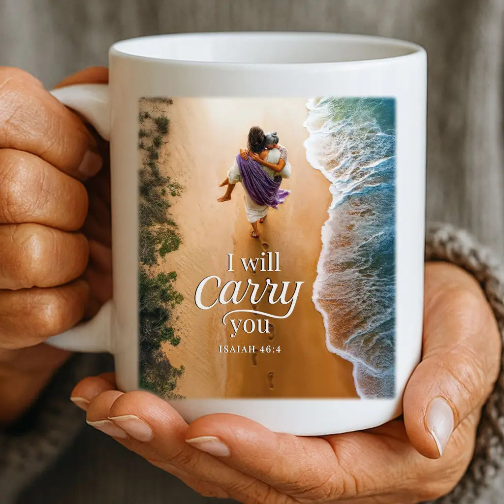 (Old Woman) I Will Carry You – Jesus Carrying an Elderly Woman | Isaiah 46:4 Christian Coffee Mug White / 11 oz