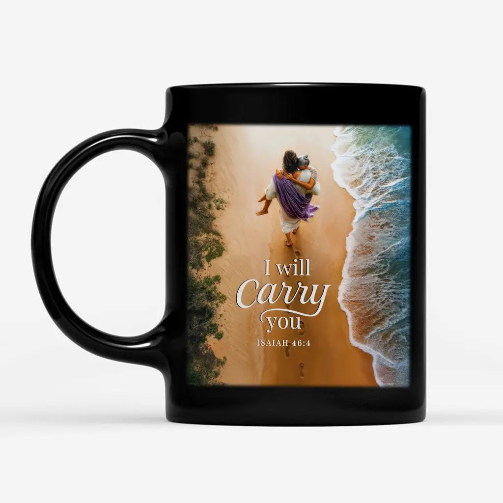 Faith-based coffee mug with Isaiah 46:4, Jesus holding senior woman, Christian encouragement gift.