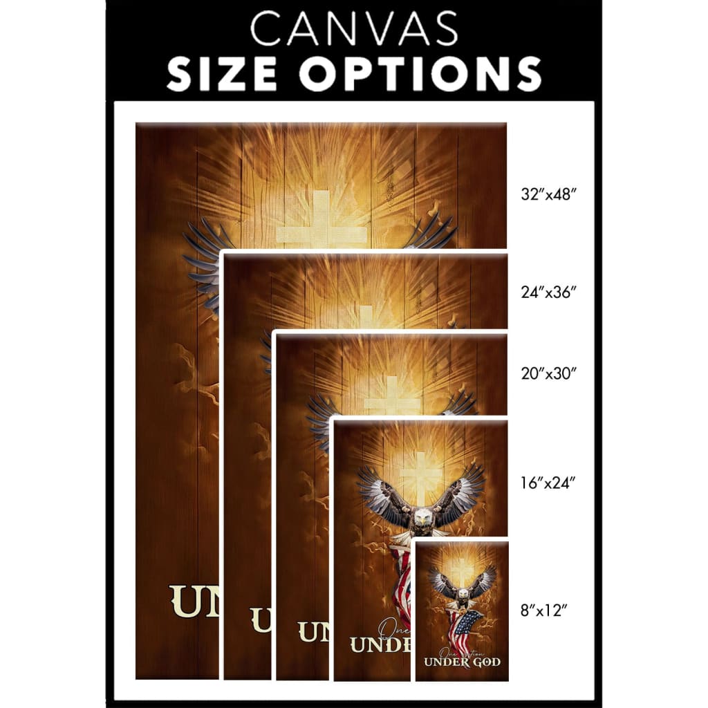 Size options - Patriotic wall art canvas featuring &quot;One Nation Under God&quot; with bald eagle and American flag, perfect for faith-filled homes.