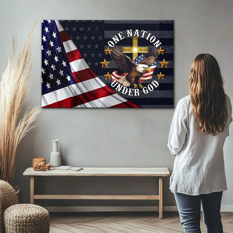 One Nation Under God Bald Eagle American Flag Cross Wall Art Canvas