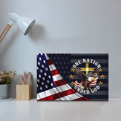 One Nation Under God Bald Eagle American Flag Cross Wall Art Canvas