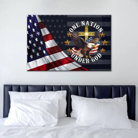 One Nation Under God Bald Eagle American Flag Cross Wall Art Canvas