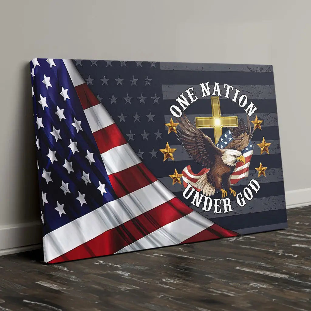 One Nation Under God Bald Eagle American Flag Cross Wall Art Canvas