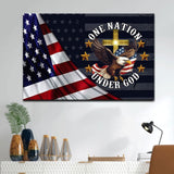 Christian wall art featuring "One Nation Under God" with a bald eagle, American flag, and cross, perfect faith-based patriotic home decor.