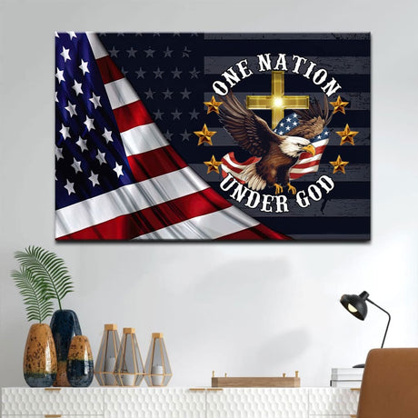 Christian wall art featuring "One Nation Under God" with a bald eagle, American flag, and cross, perfect faith-based patriotic home decor.