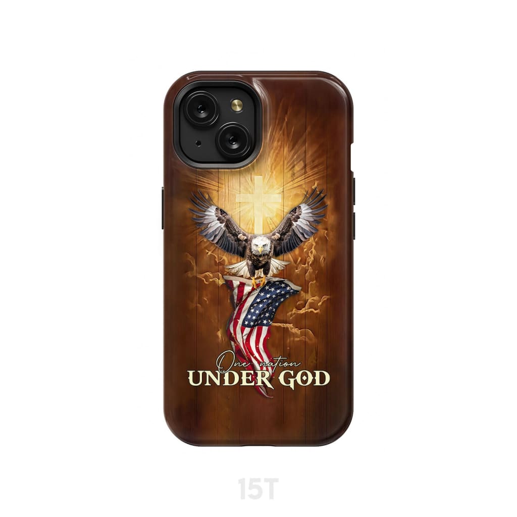 Christian phone case featuring "One Nation Under God" with Bald Eagle and American flag, ideal patriotic faith gift.