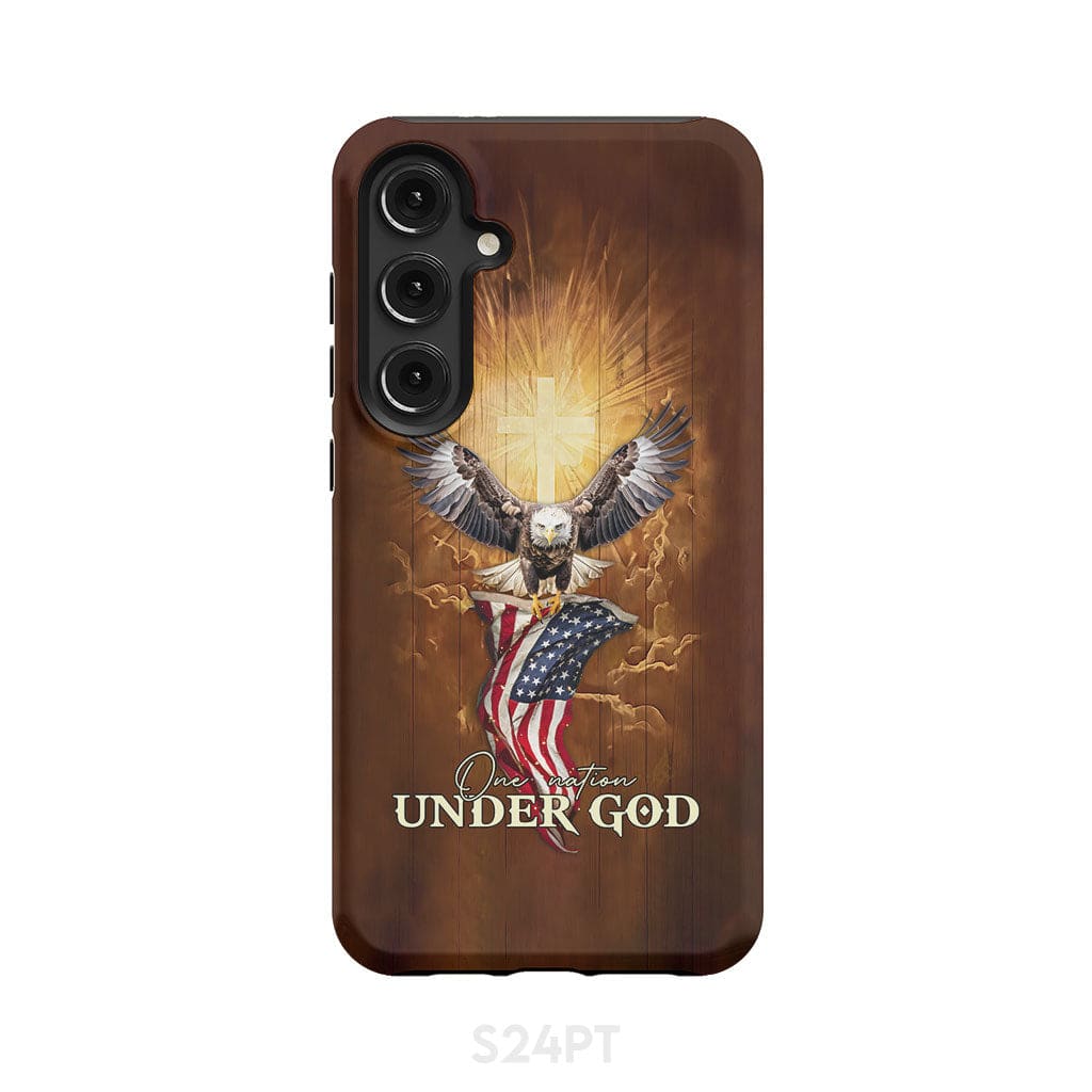 One Nation Under God Bald Eagle With American Flag Phone Case Samsung Galaxy S24 Plus / Tough