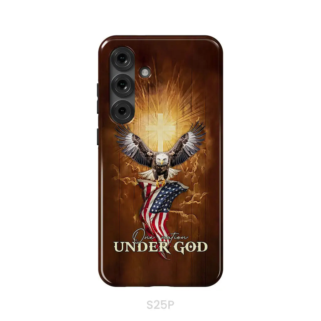 One Nation Under God Bald Eagle With American Flag Phone Case Samsung Galaxy S25 Plus / Tough Case