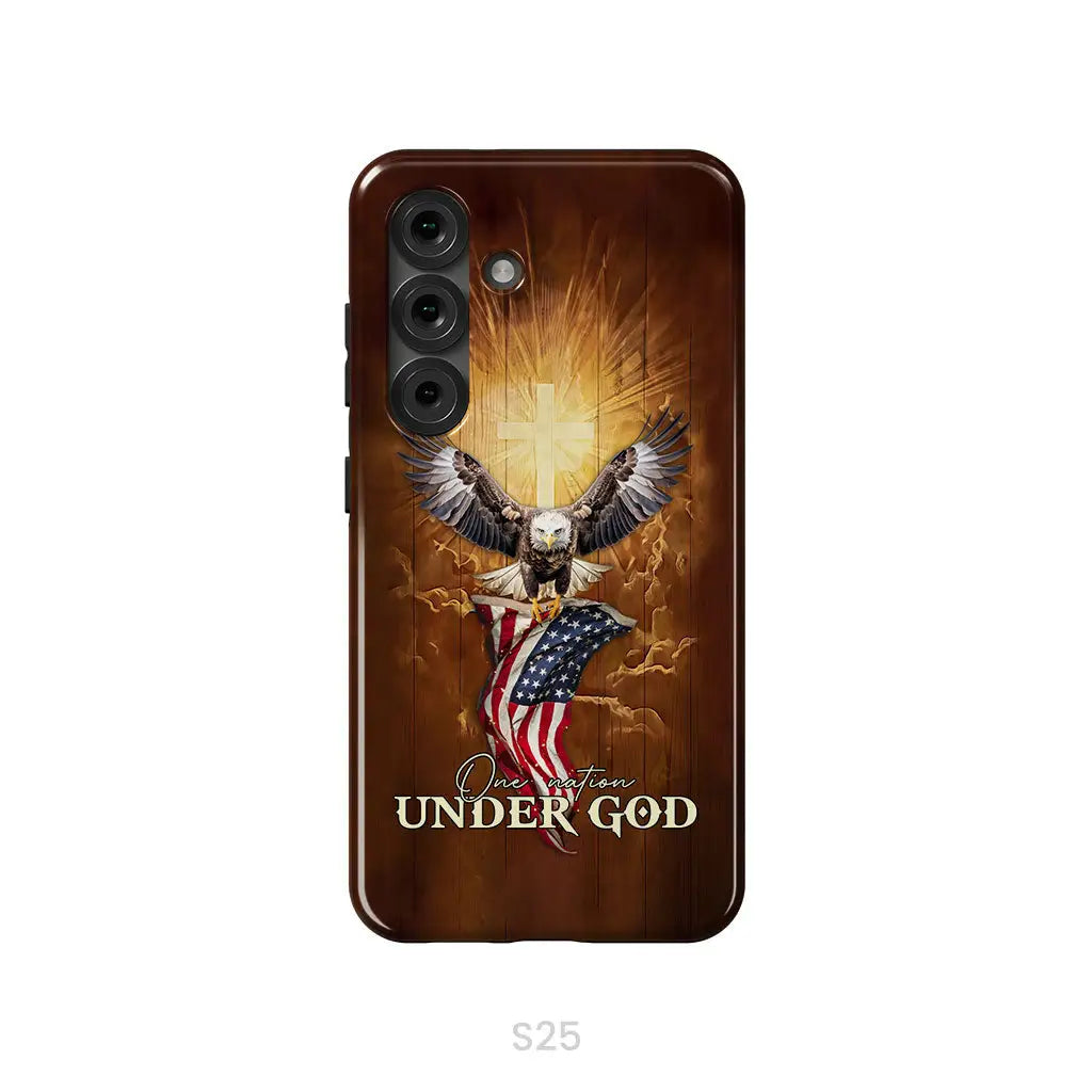 One Nation Under God Bald Eagle With American Flag Phone Case Samsung Galaxy S25 / Tough Case
