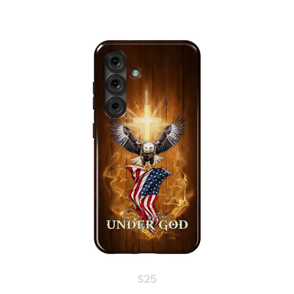 One Nation Under God Bald Eagle With American Flag Phone Case Samsung Galaxy S25 / Tough Case