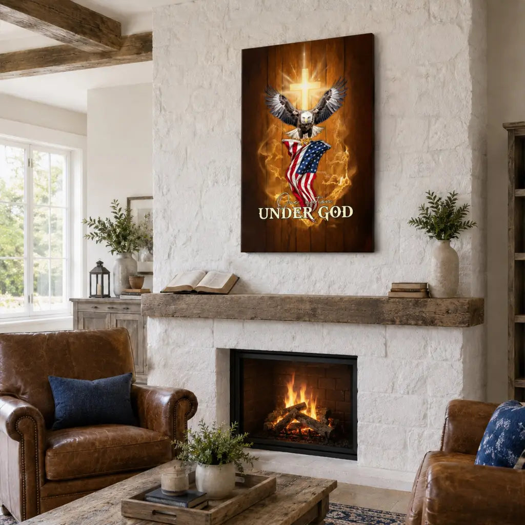 One Nation Under God bald eagle with American flag patriotic wall art canvas