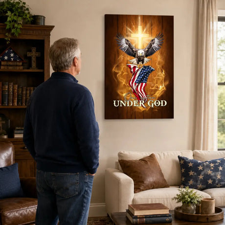 One Nation Under God wall art canvas featuring bald eagle and United States flag