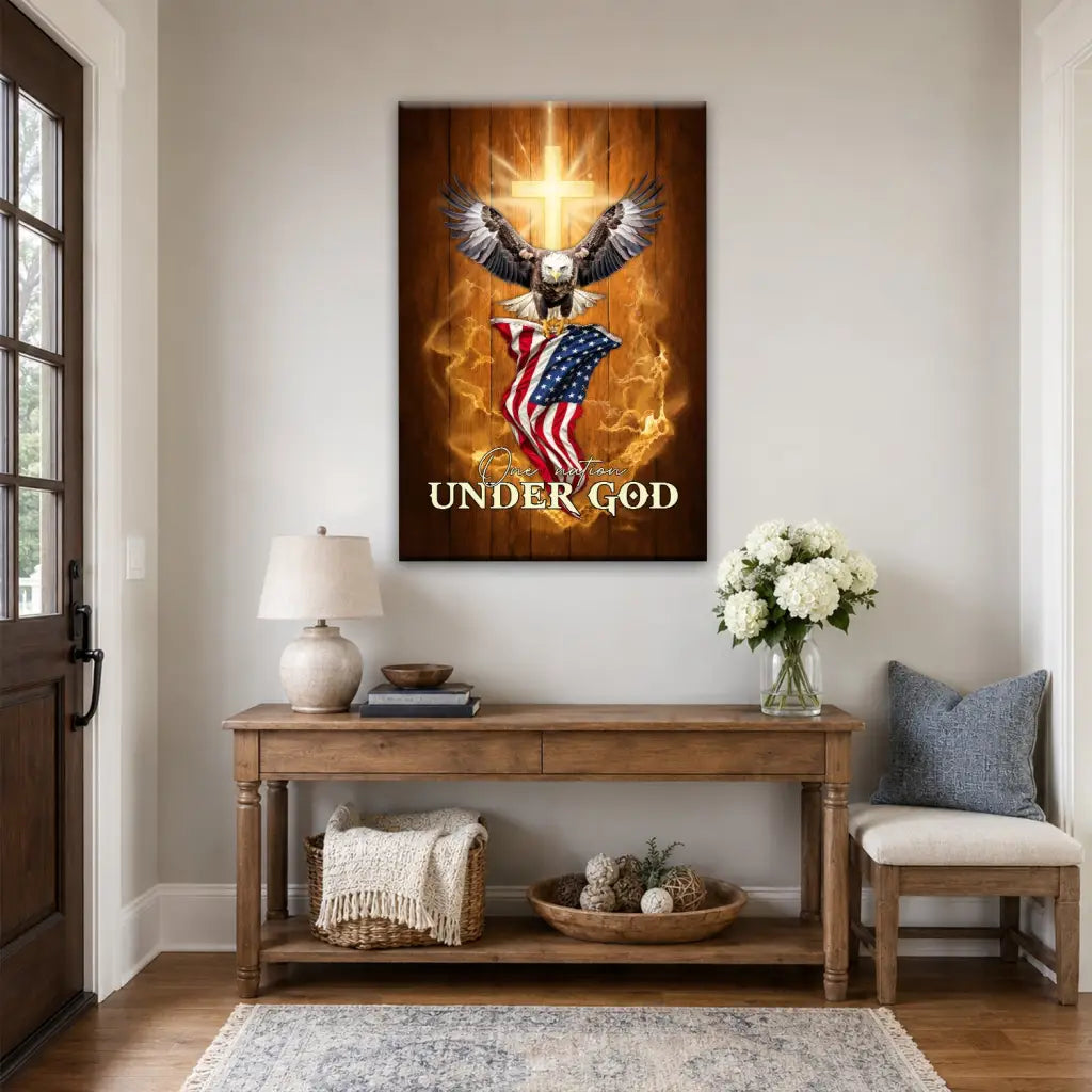 Bald eagle and American flag One Nation Under God patriotic canvas wall art