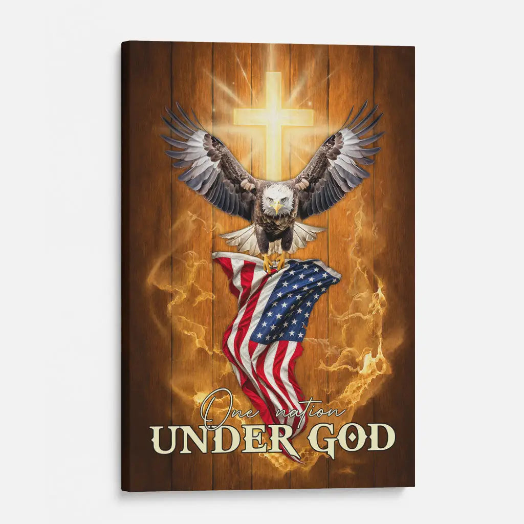 American flag and bald eagle canvas print with One Nation Under God patriotic message