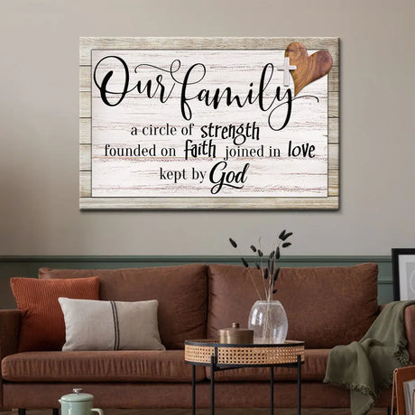 Christian family wall art with faith quote, inspirational canvas gift about God’s strength and love.