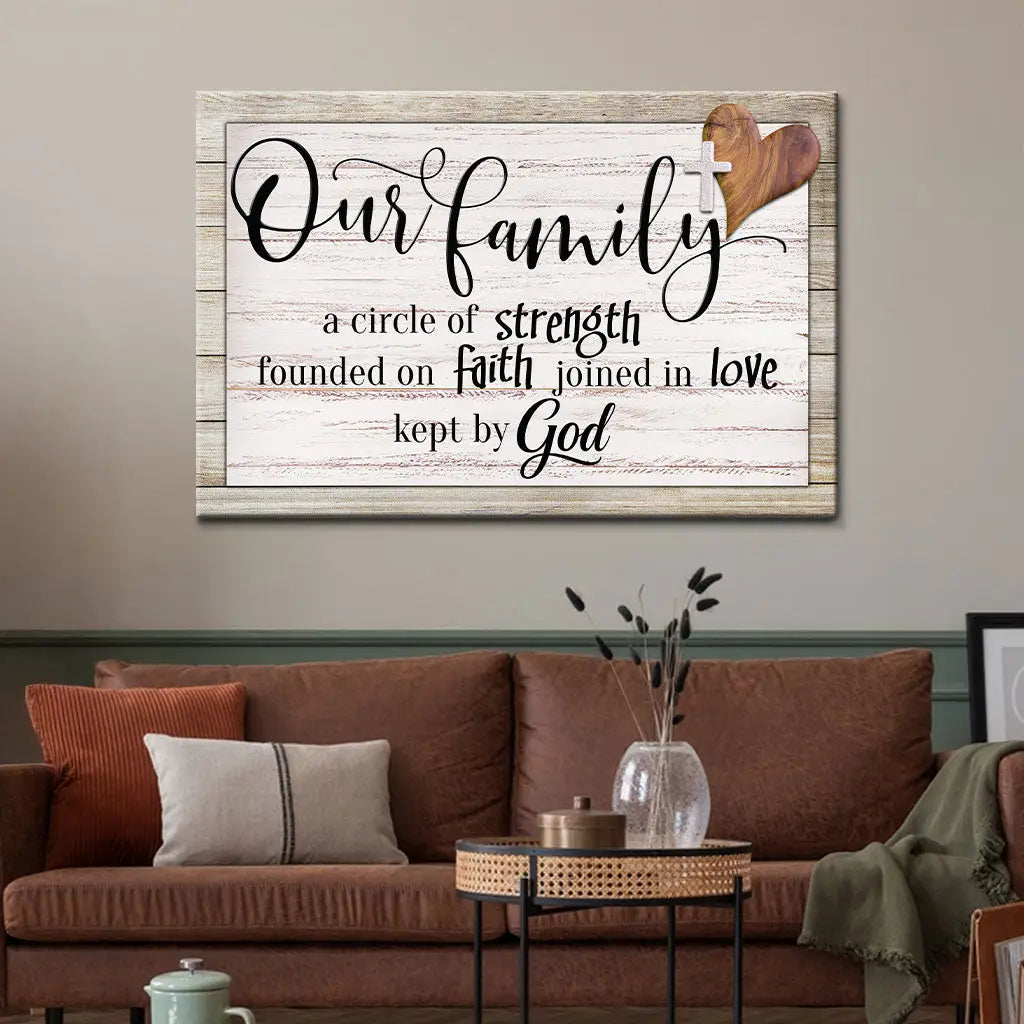 Christian family wall art with faith quote, inspirational canvas gift about God’s strength and love.