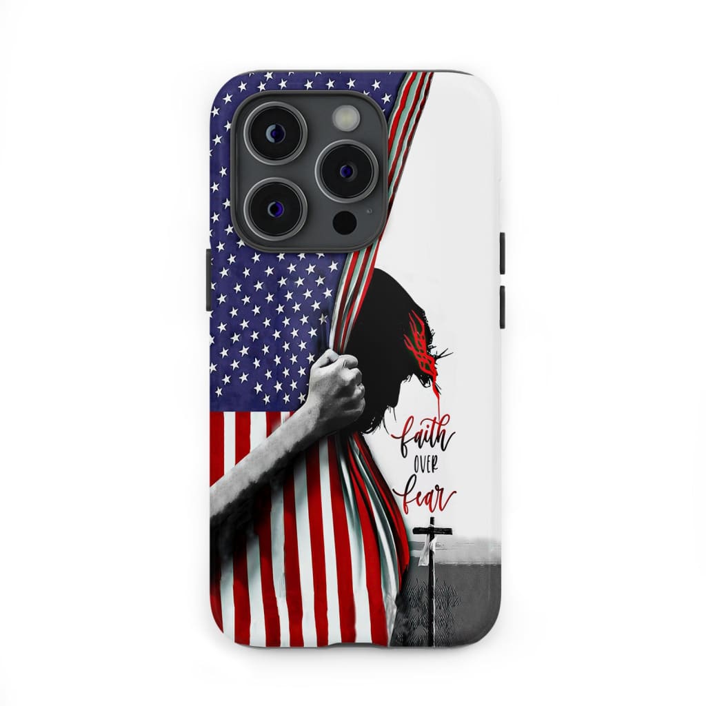 Patriotic Christian phone cases: Faith over fear Jesus face American flag case