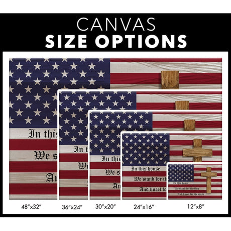 Religious wall art canvas with "Stand for the Flag and Kneel for the Cross," American flag and cross, perfect for Christian homes.