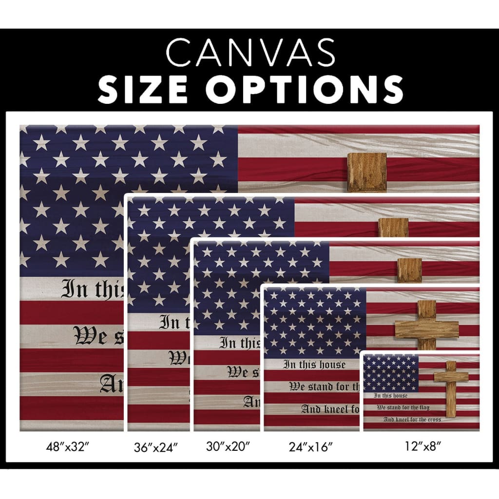 Religious wall art canvas with "Stand for the Flag and Kneel for the Cross," American flag and cross, perfect for Christian homes.