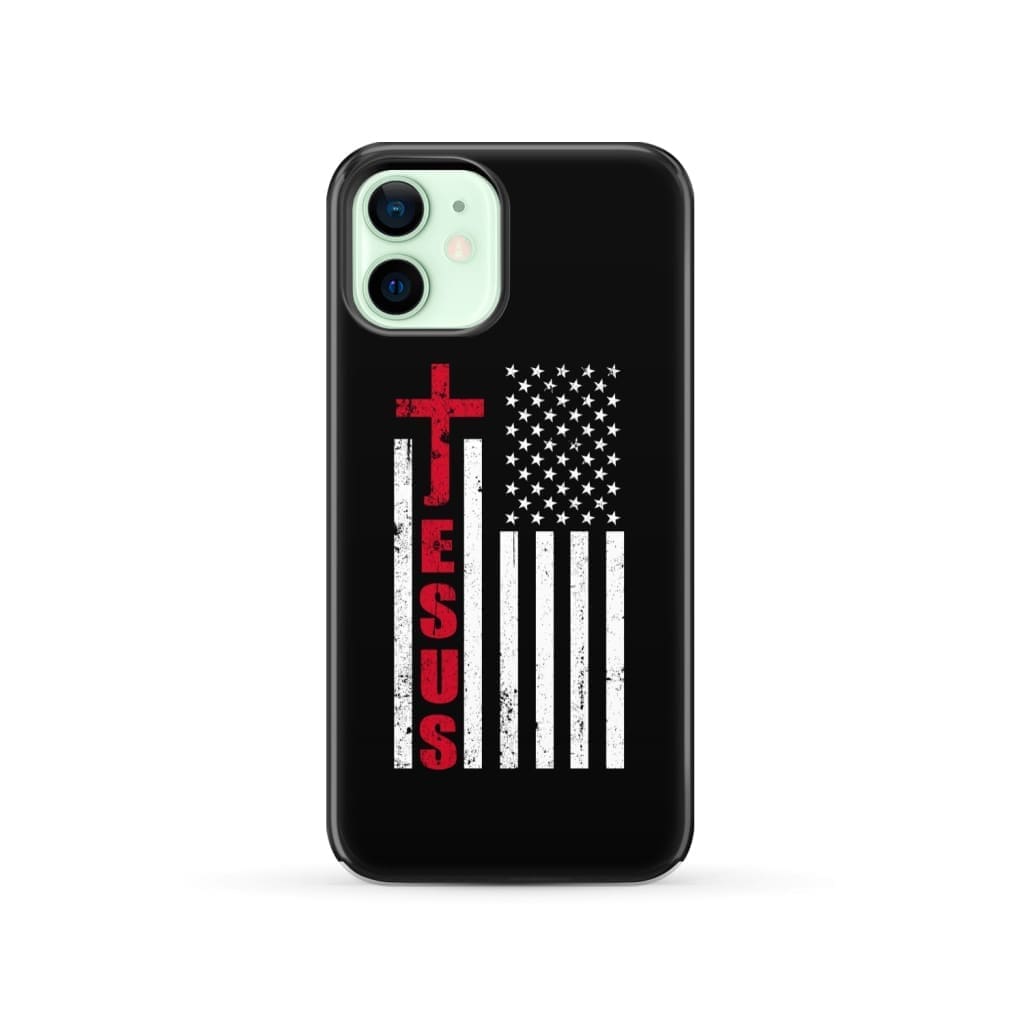 Patriotic phone cases: Jesus word cross with American flag Christian case iPhone 12 / Tough