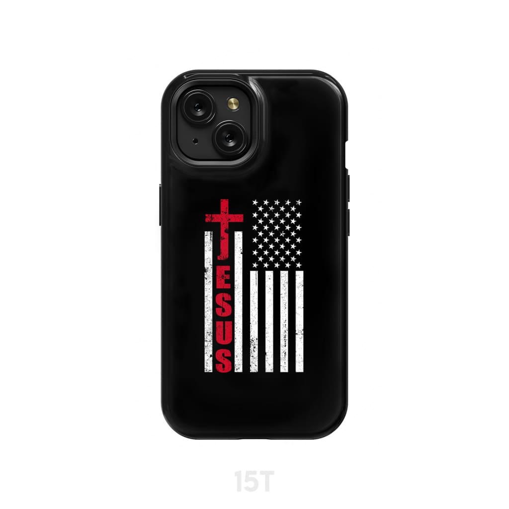 Patriotic phone cases: Jesus word cross with American flag Christian case iPhone 15 / Tough