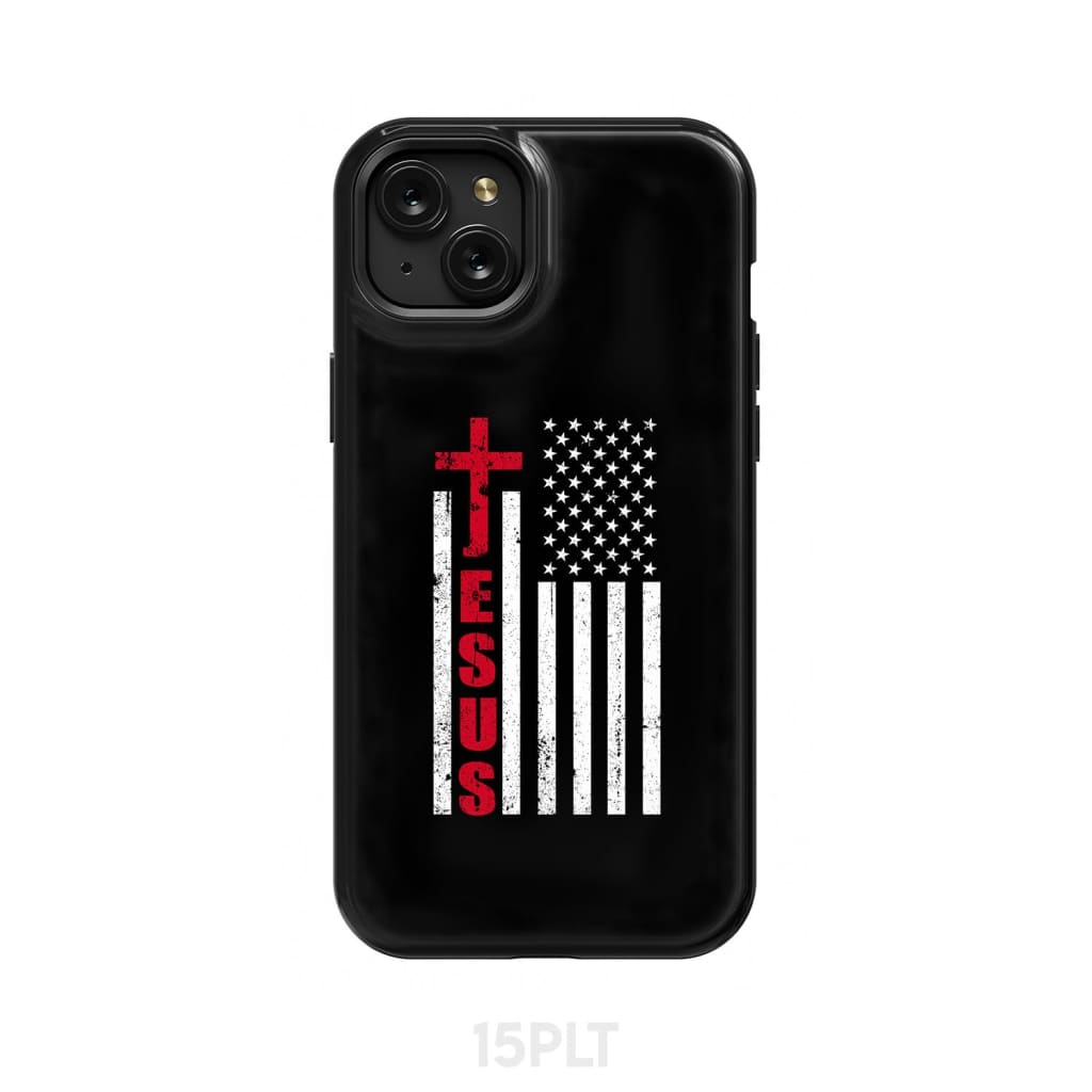 Patriotic phone cases: Jesus word cross with American flag Christian case iPhone 15 Plus / Tough