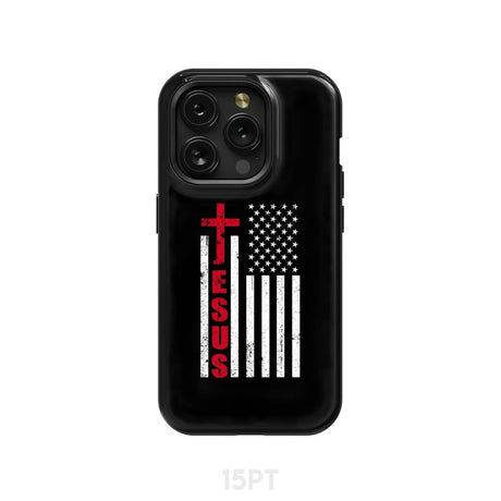 Patriotic phone cases: Jesus word cross with American flag Christian case iPhone 15 Pro / Tough