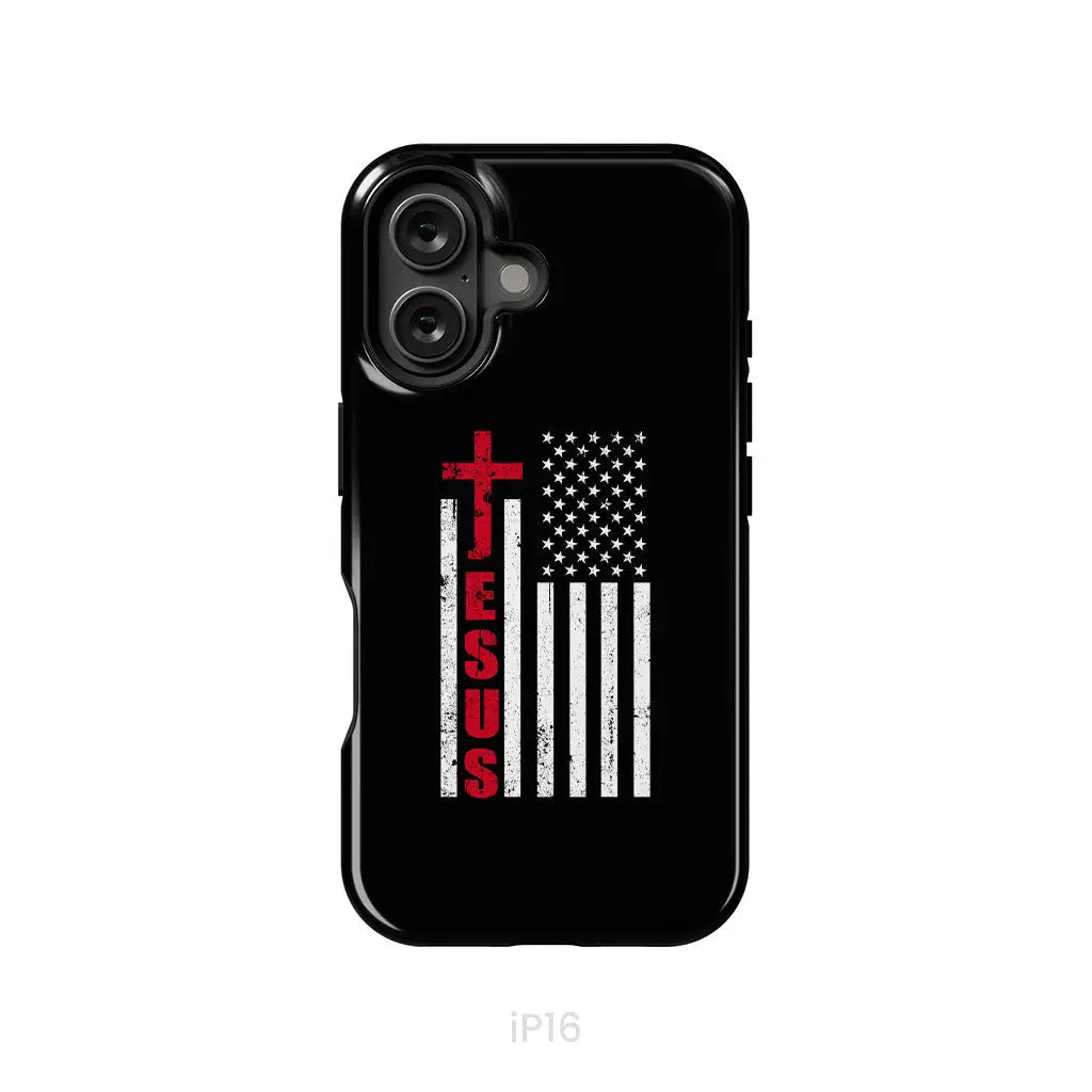 Patriotic phone cases: Jesus word cross with American flag Christian phone case iPhone 16 / Tough Case