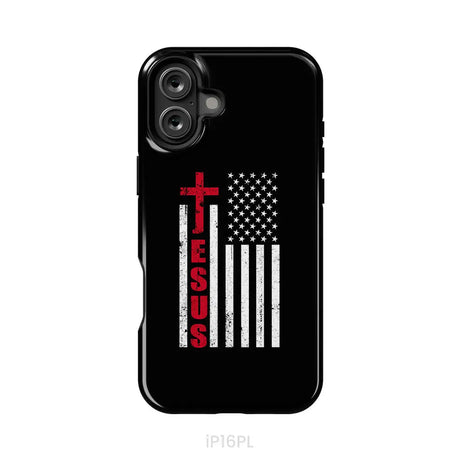 Patriotic phone cases: Jesus word cross with American flag Christian phone case iPhone 16 Plus / Tough Case