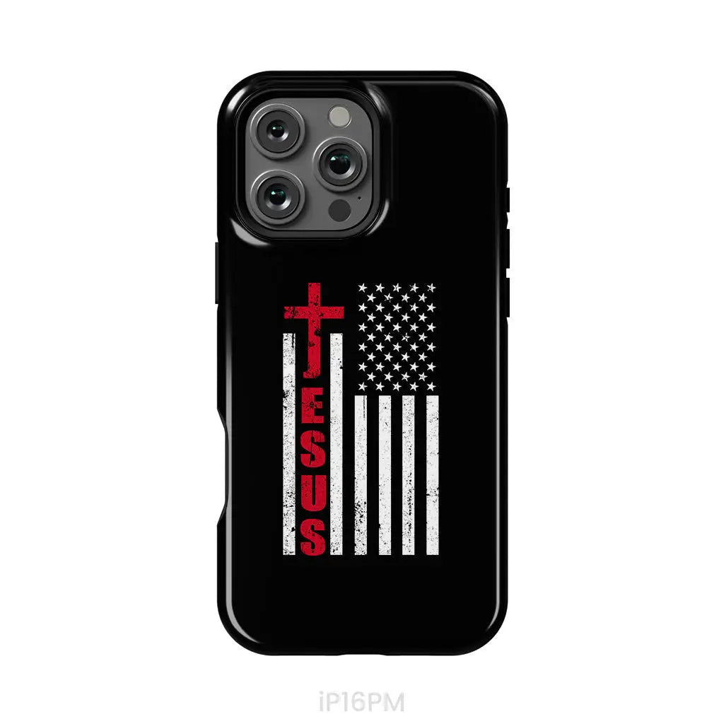 Patriotic phone cases: Jesus word cross with American flag Christian phone case iPhone 16 Pro Max / Tough Case