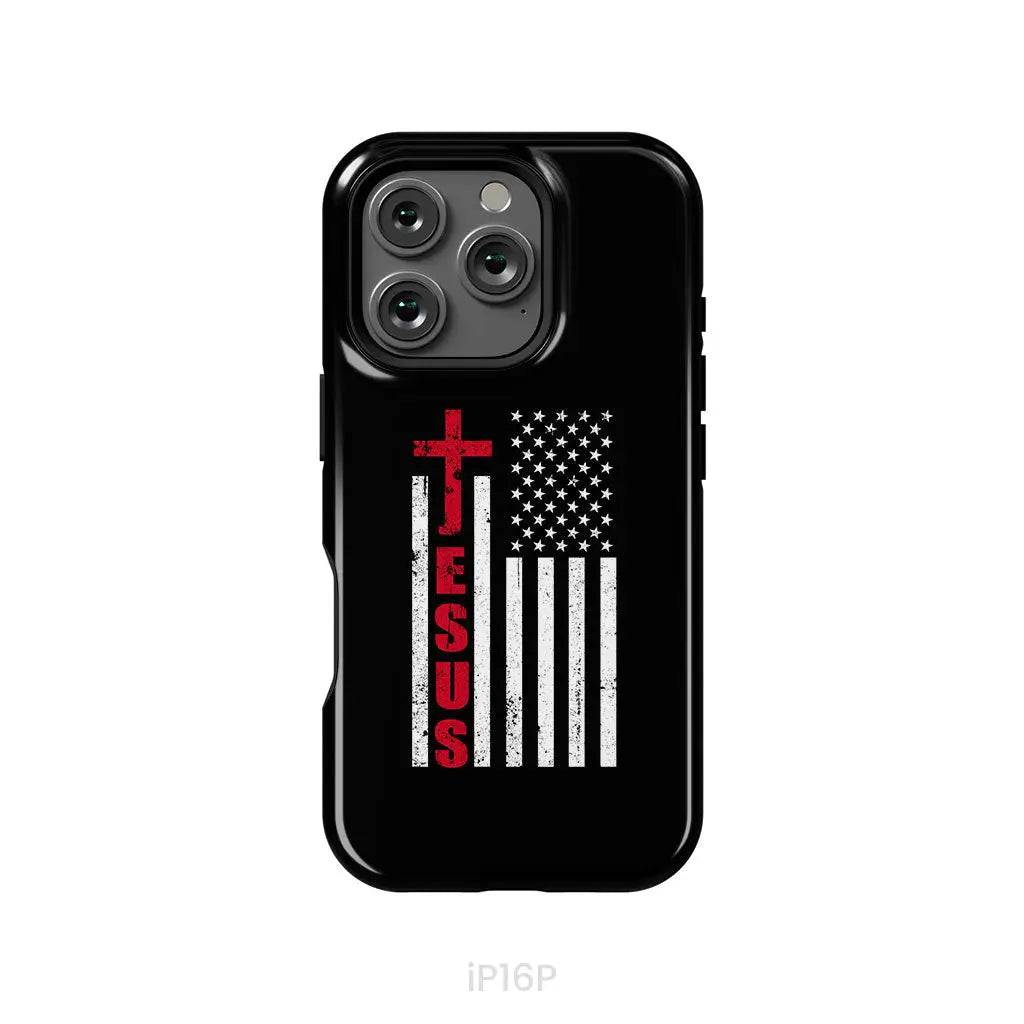 Patriotic phone cases: Jesus word cross with American flag Christian phone case iPhone 16 Pro / Tough Case