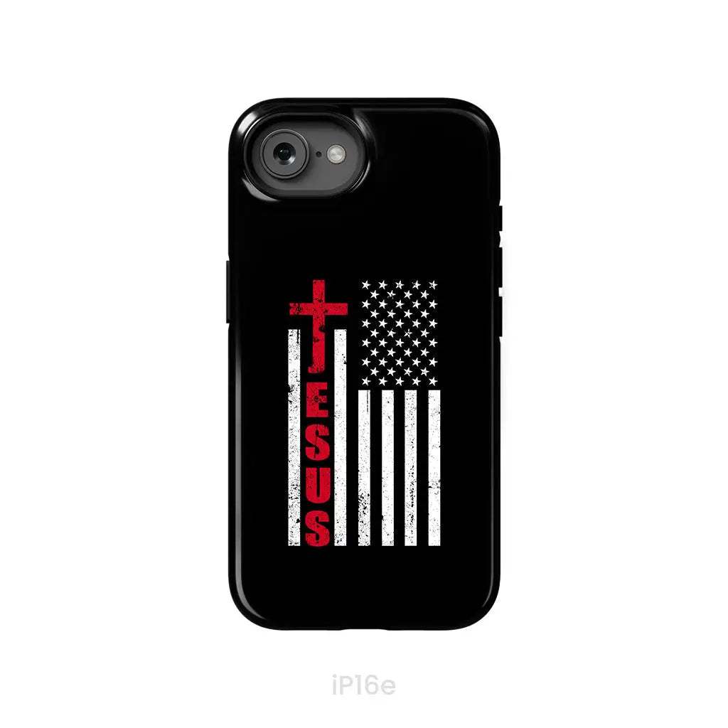 Patriotic phone cases: Jesus word cross with American flag Christian phone case iPhone 16e / Tough Case