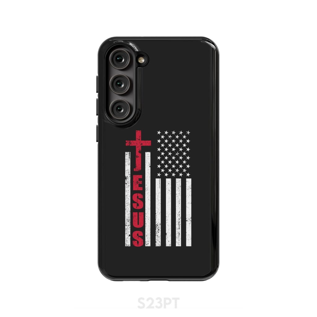Patriotic phone cases: Jesus word cross with American flag Christian case Samsung Galaxy S23 Plus / Tough