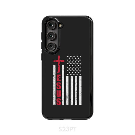 Patriotic phone cases: Jesus word cross with American flag Christian case Samsung Galaxy S23 Plus / Tough