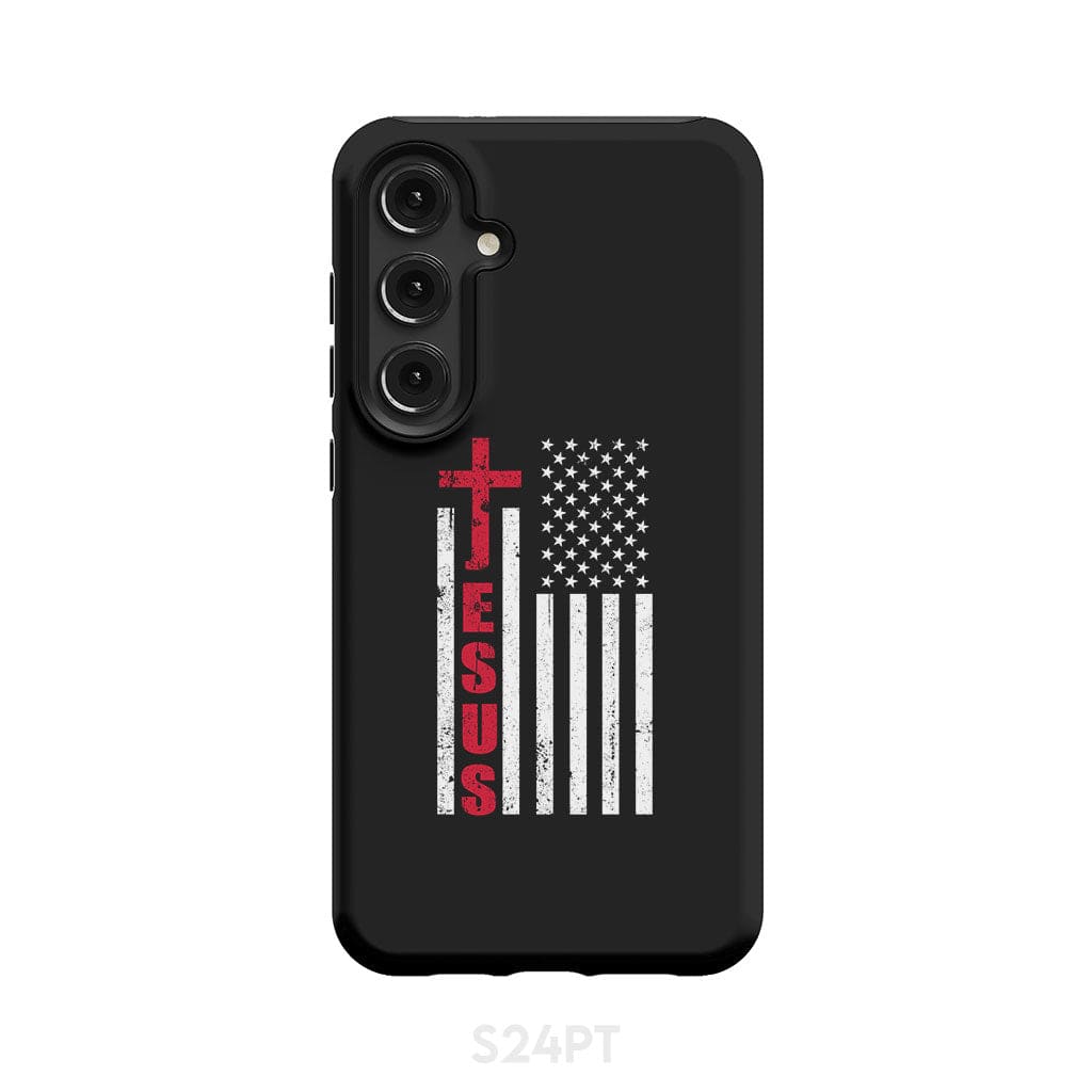 Patriotic phone cases: Jesus word cross with American flag Christian case Samsung Galaxy S24 Plus / Tough