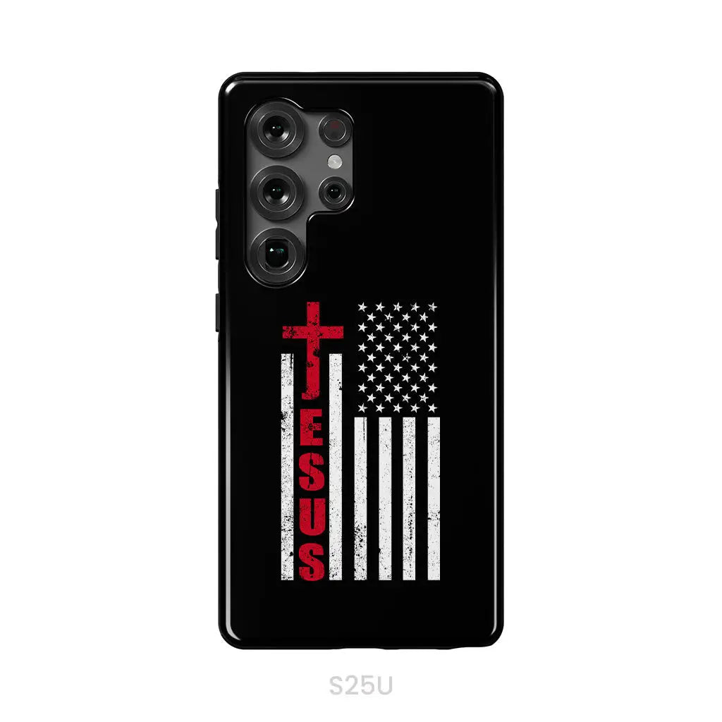 Patriotic phone cases: Jesus word cross with American flag Christian phone case Samsung Galaxy S25 Ultra / Tough Case