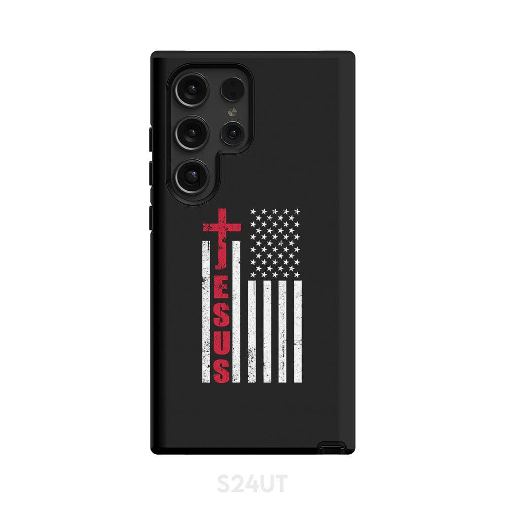 Patriotic phone cases: Jesus word cross with American flag Christian case Samsung Galaxy S24 Ultra / Tough