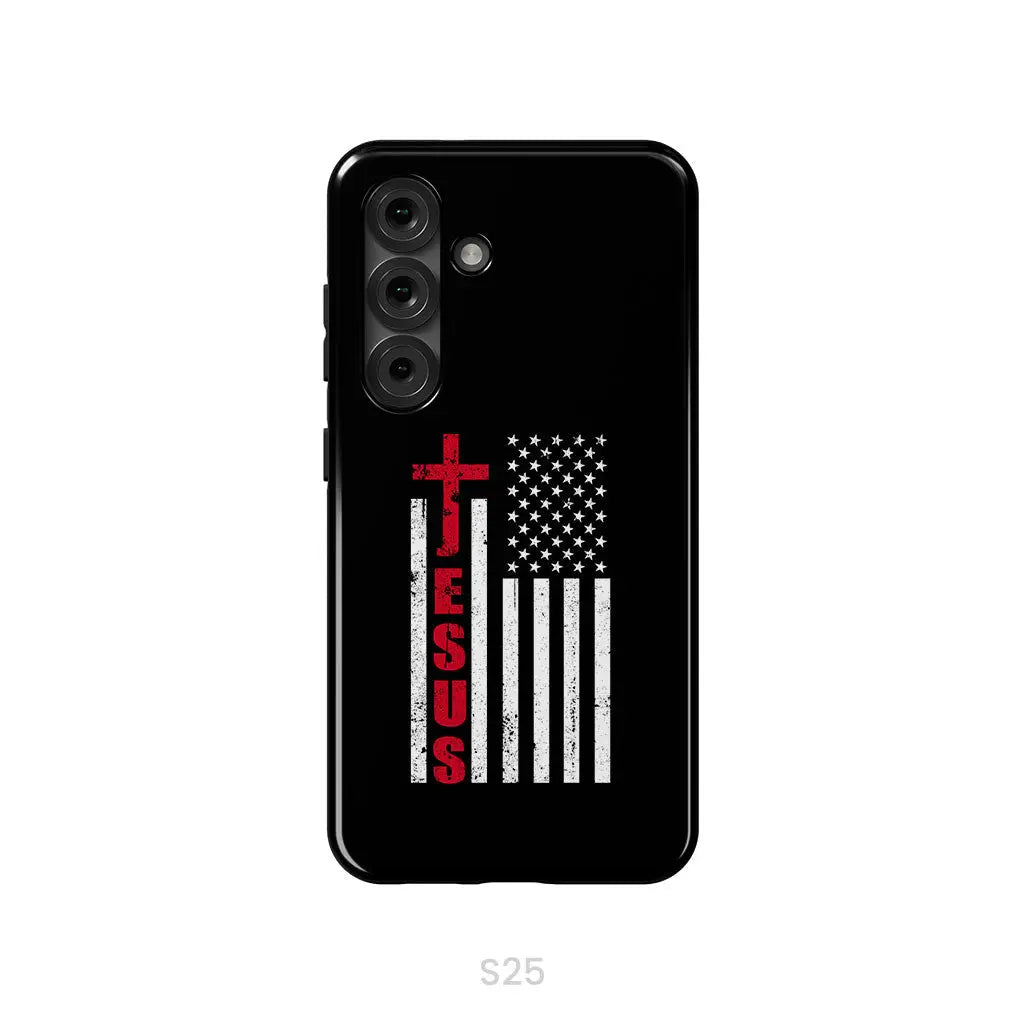 Patriotic phone cases: Jesus word cross with American flag Christian phone case Samsung Galaxy S25 / Tough Case