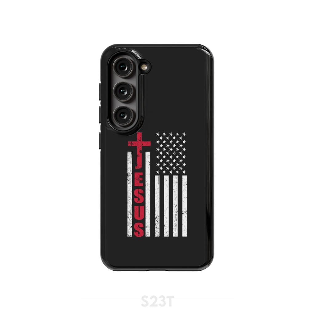 Patriotic phone cases: Jesus word cross with American flag Christian case Samsung Galaxy S23 (Not for FE) / Tough