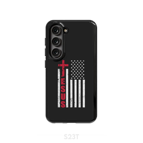 Patriotic phone cases: Jesus word cross with American flag Christian case Samsung Galaxy S23 (Not for FE) / Tough