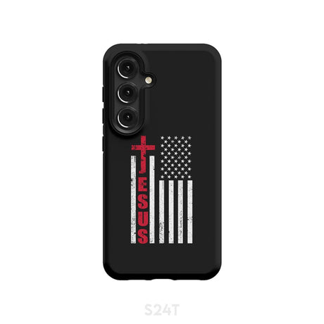 Patriotic phone cases: Jesus word cross with American flag Christian case Samsung Galaxy S24 / Tough