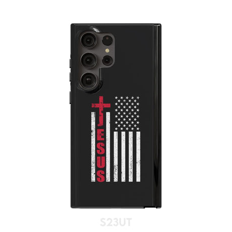 Patriotic phone cases: Jesus word cross with American flag Christian case Samsung Galaxy S23 Ultra / Tough